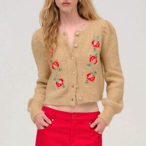New For Love & Lemons Grans Embroidered Cropped Cardigan Beige XS $198